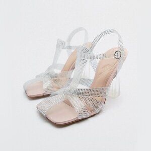 NWT Zara transparent rhinestone embellished vinyl heeled cage strappy sandals